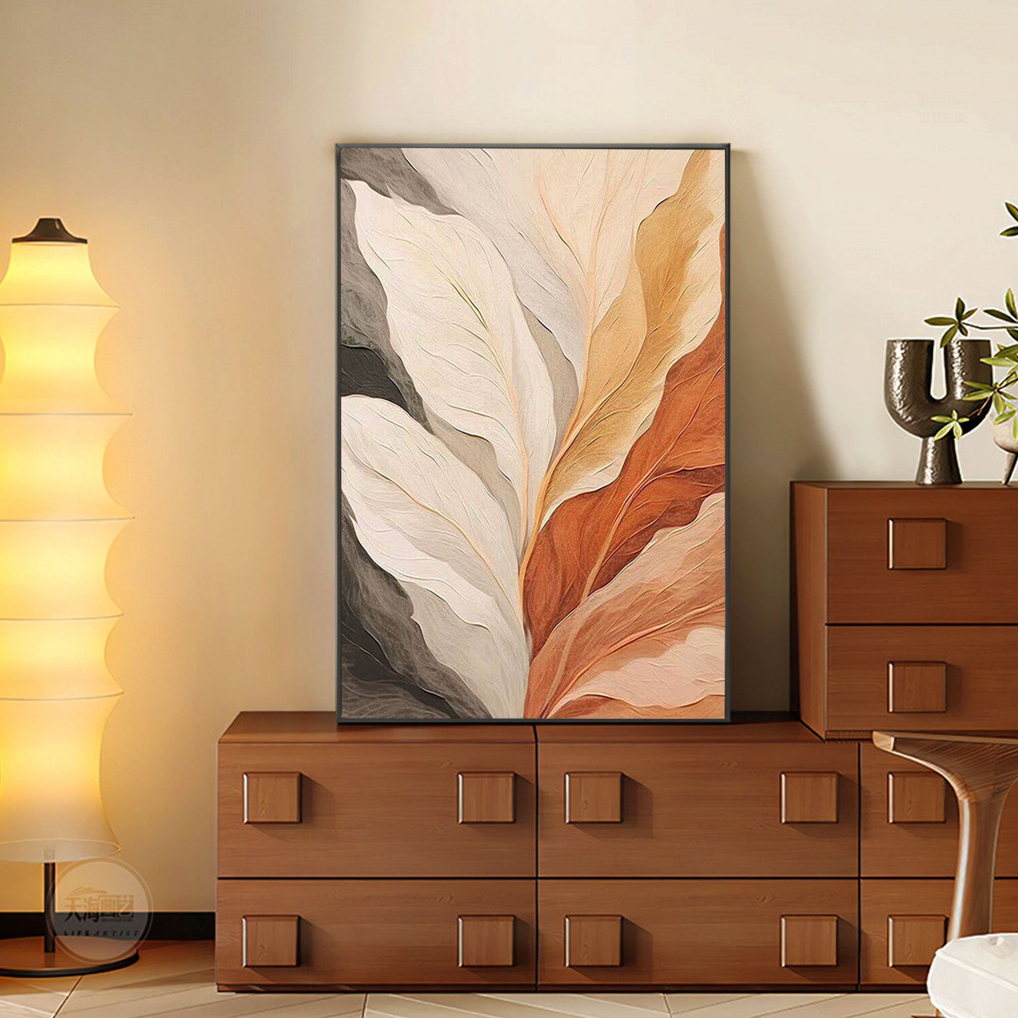 Contemporary Neutral Leaf Painting | Leaf Veins