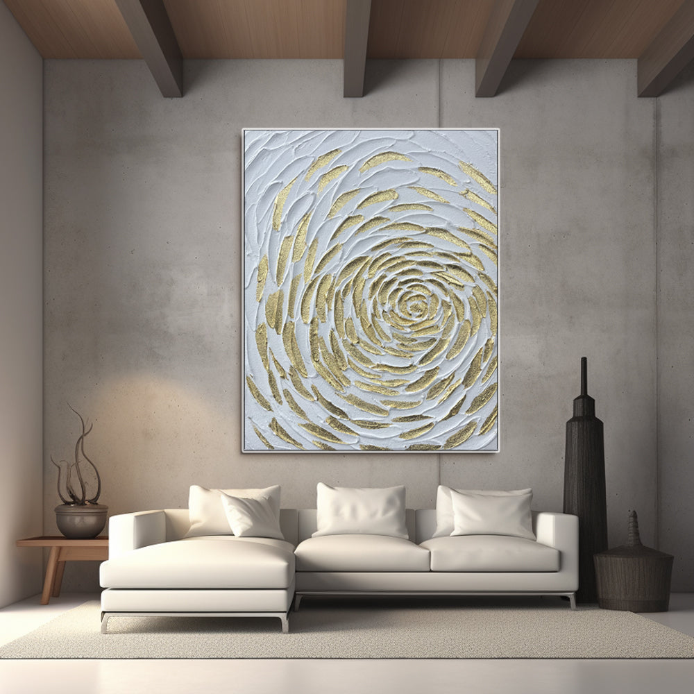 Golden Petal floral wall art in a contemporary living room.