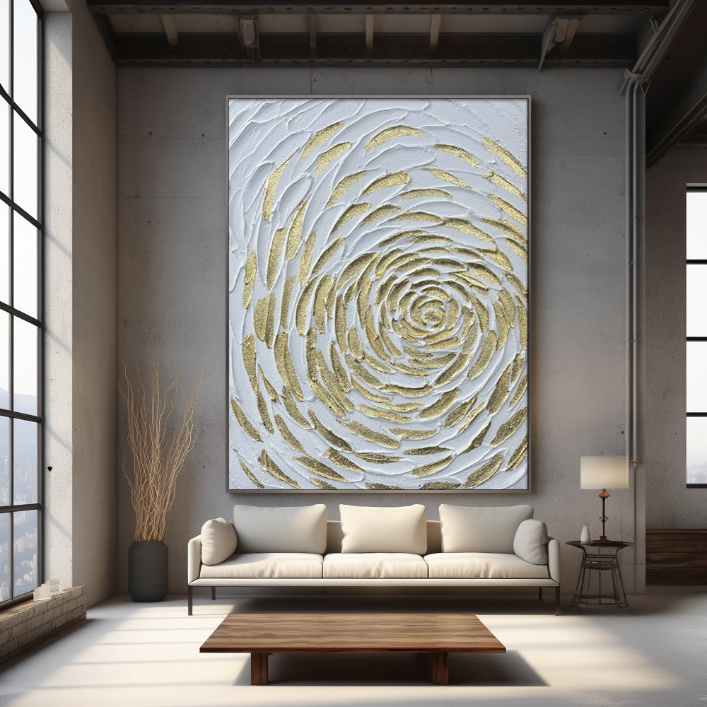 Luxury Golden Petal canvas art above a modern sofa.