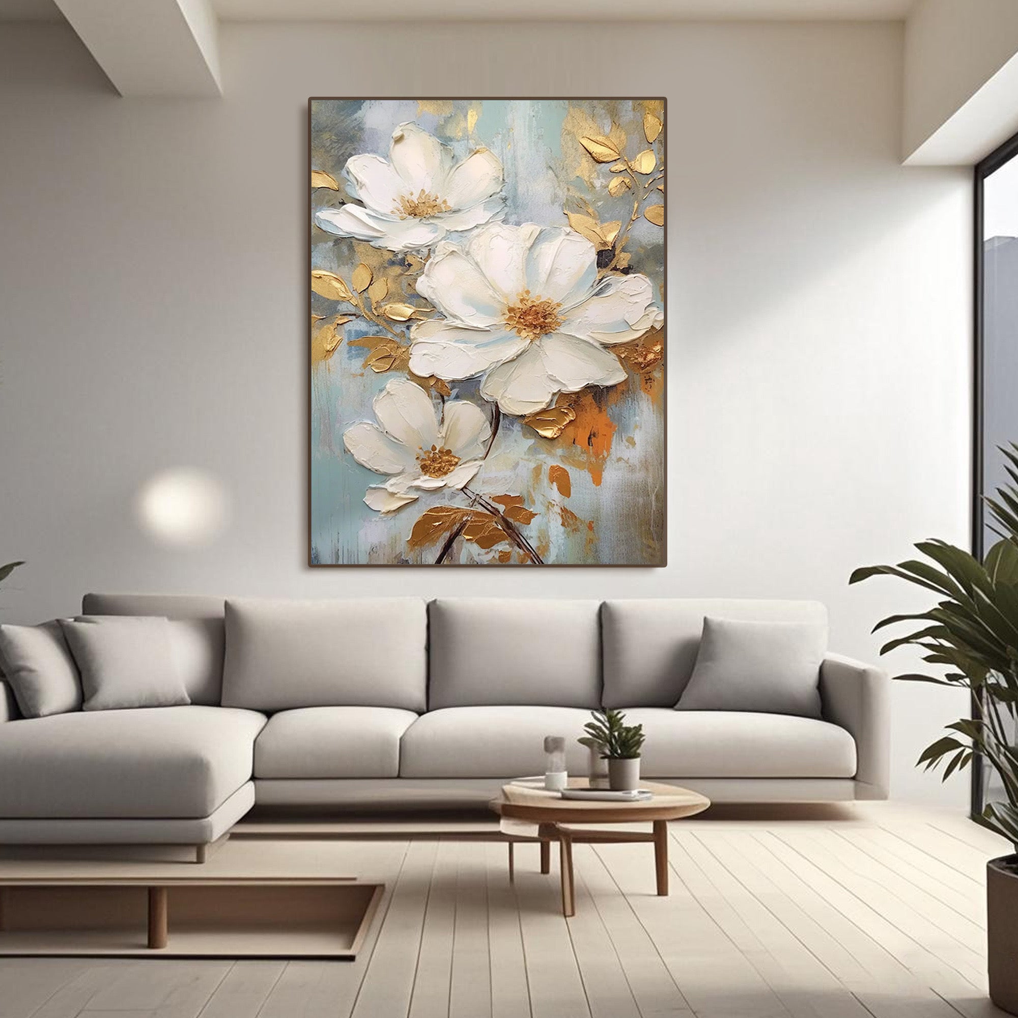 Hand-painted white floral canvas art with gold accents and textured brushstrokes on a vertical composition.