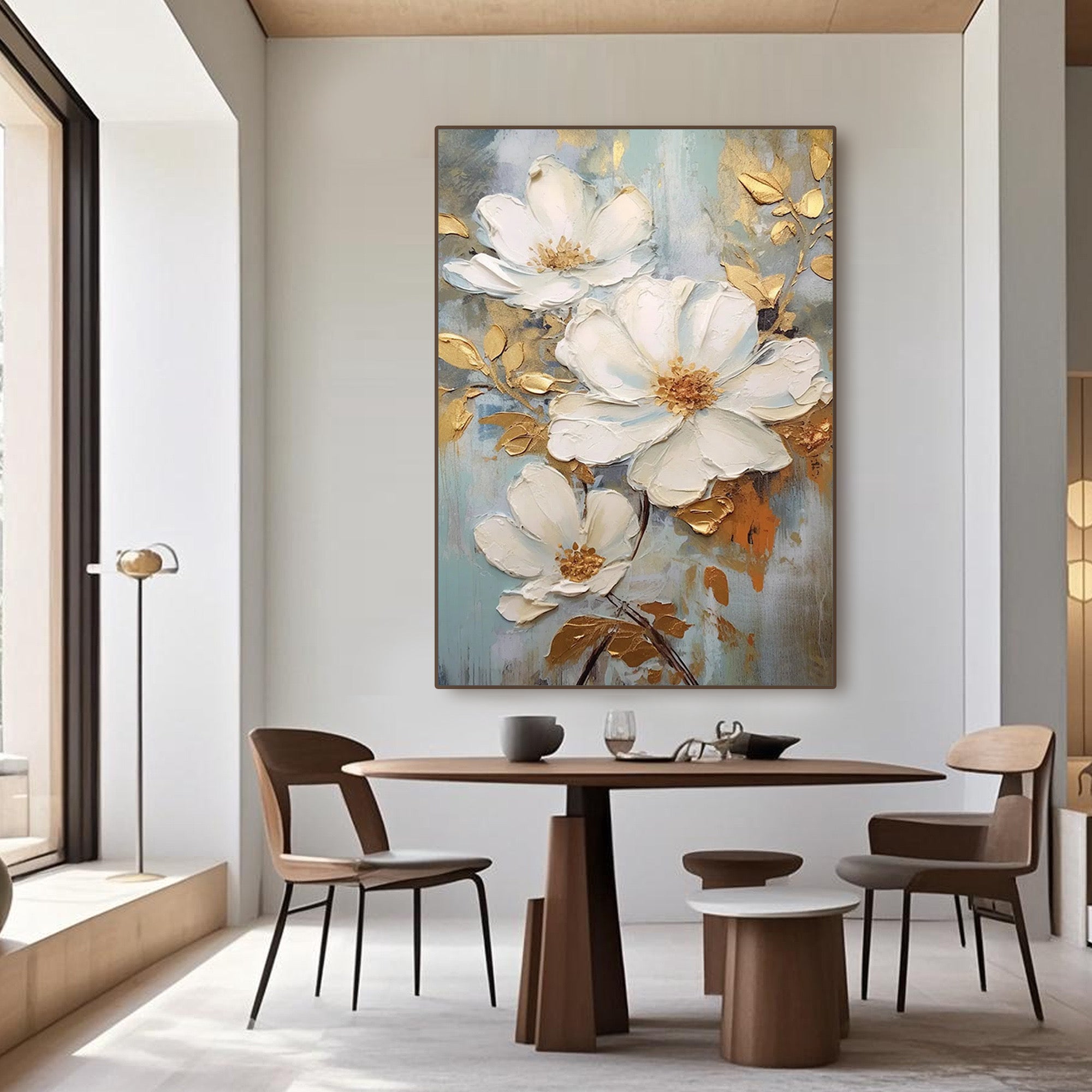 White and gold floral wall art with impasto brushstrokes
