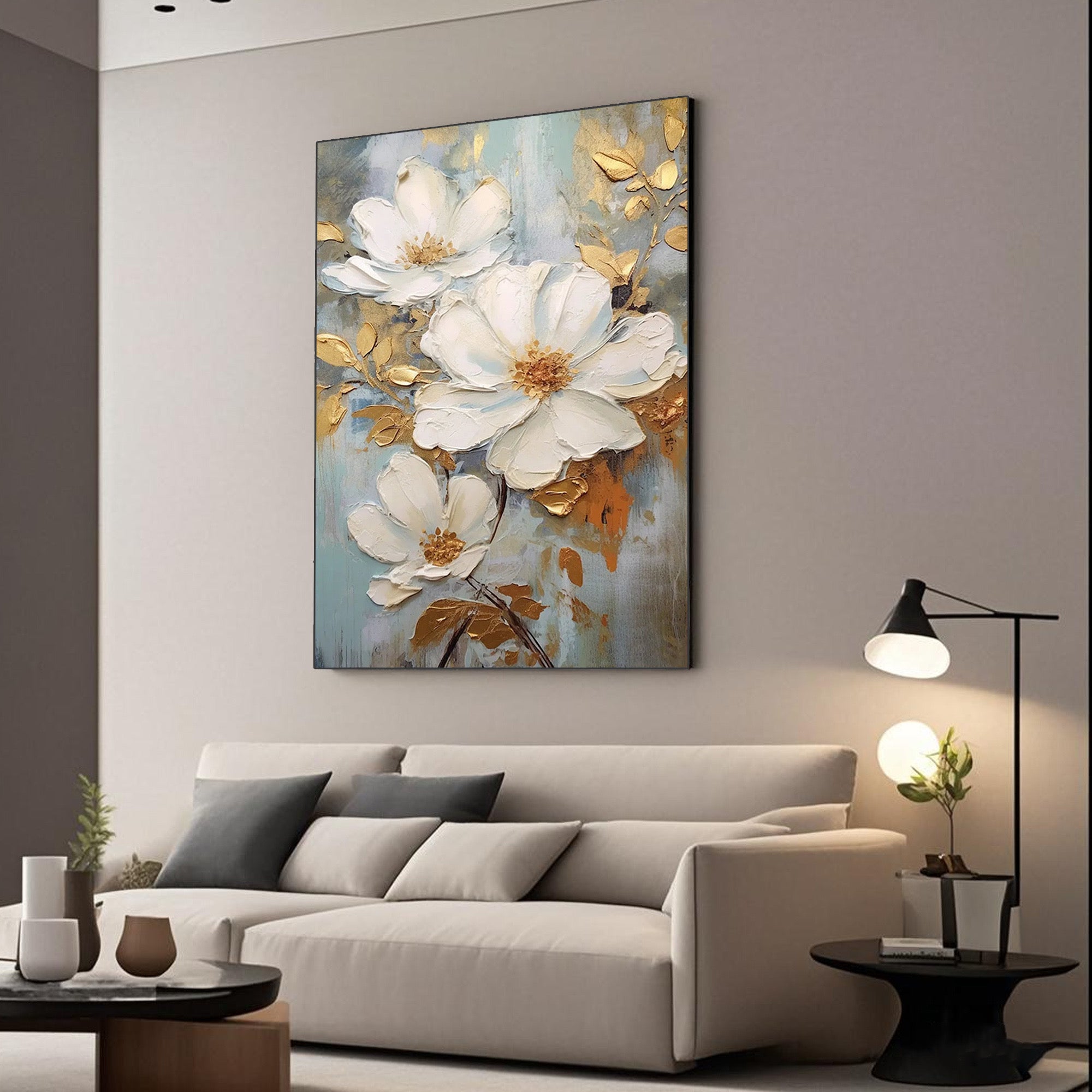 Luxury home decor painting with botanical gold accents