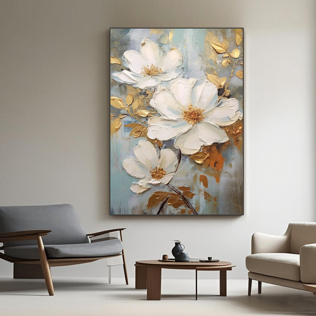 Hand-painted textured botanical artwork on vertical canvas