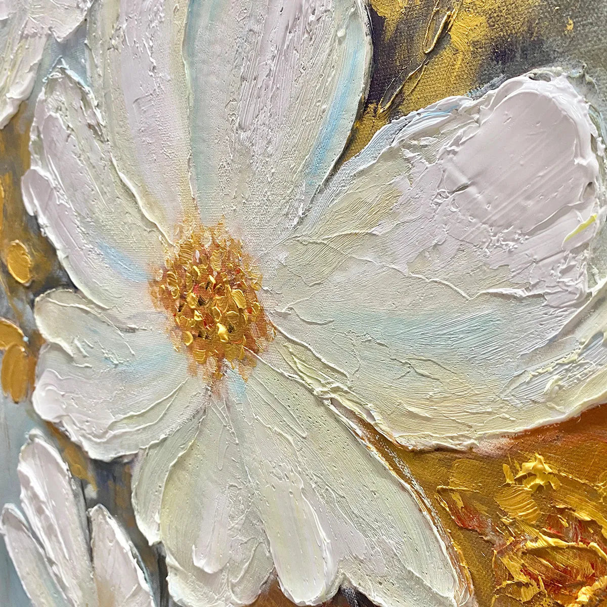 Elegant oil painting of flowers with gray-blue background