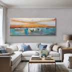 Horizontal sunset canvas featuring abstract golden horizon with expressive brushwork, hand-painted on eco-friendly material