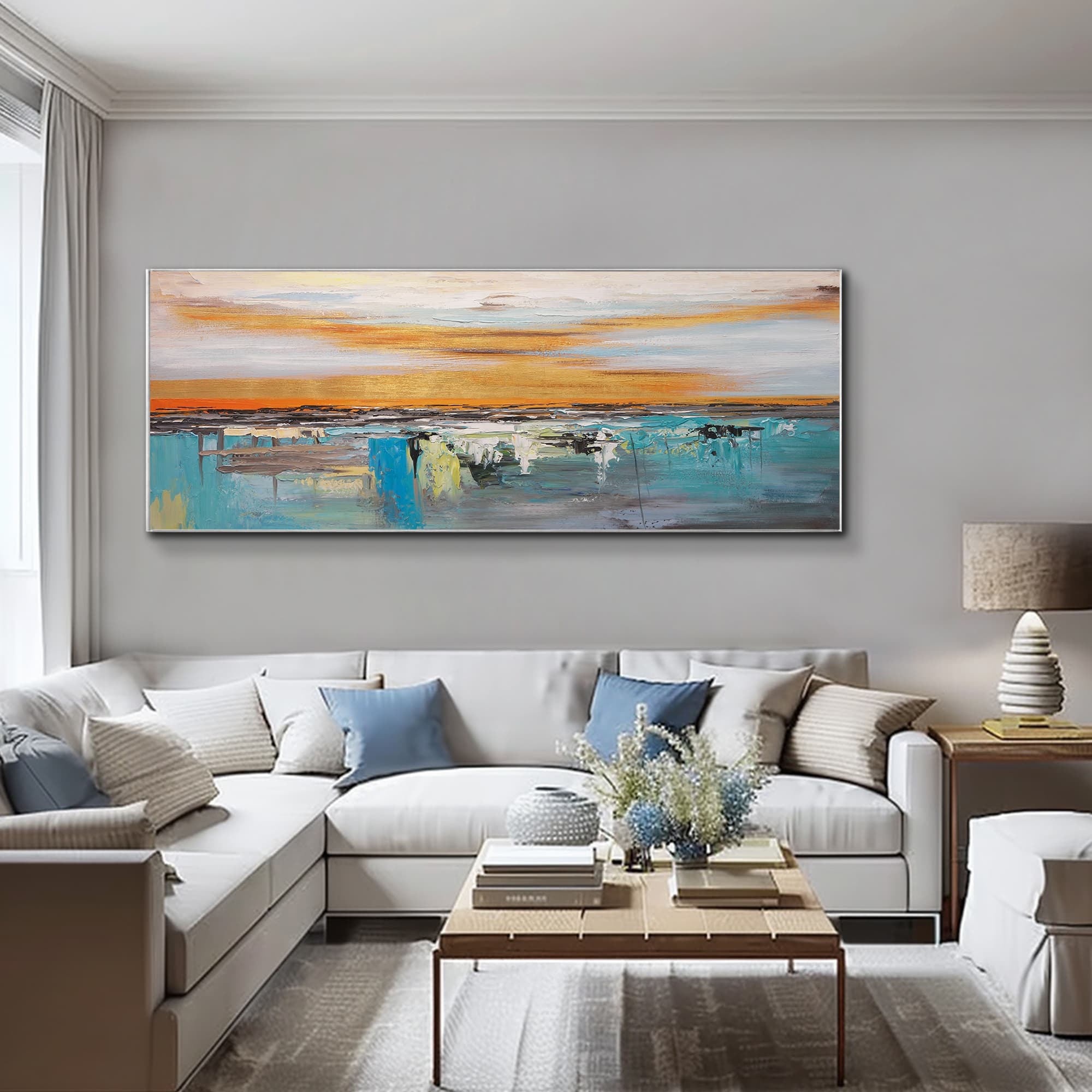 Horizontal sunset canvas featuring abstract golden horizon with expressive brushwork, hand-painted on eco-friendly material