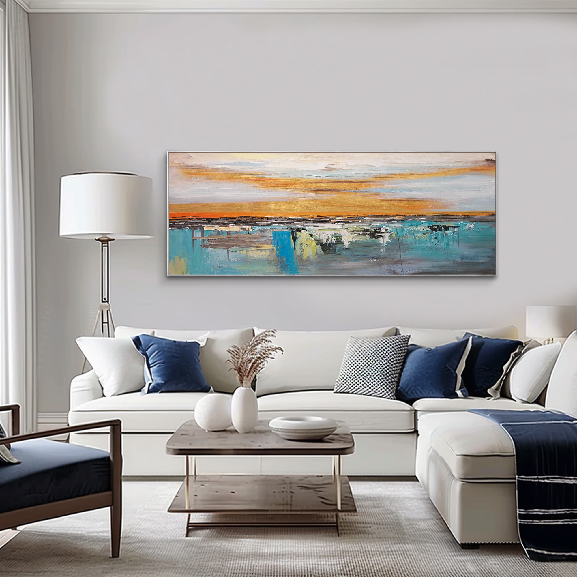 Abstract expressionist painting in golden hues for luxury interior walls, painted on eco-canvas