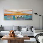 Hand-painted expressionist landscape with golden tones on eco-friendly horizontal canvas for large wall interiors