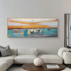 Modern abstract landscape wall decor in warm and cool hues, painted on oversized horizontal museum-grade canvas