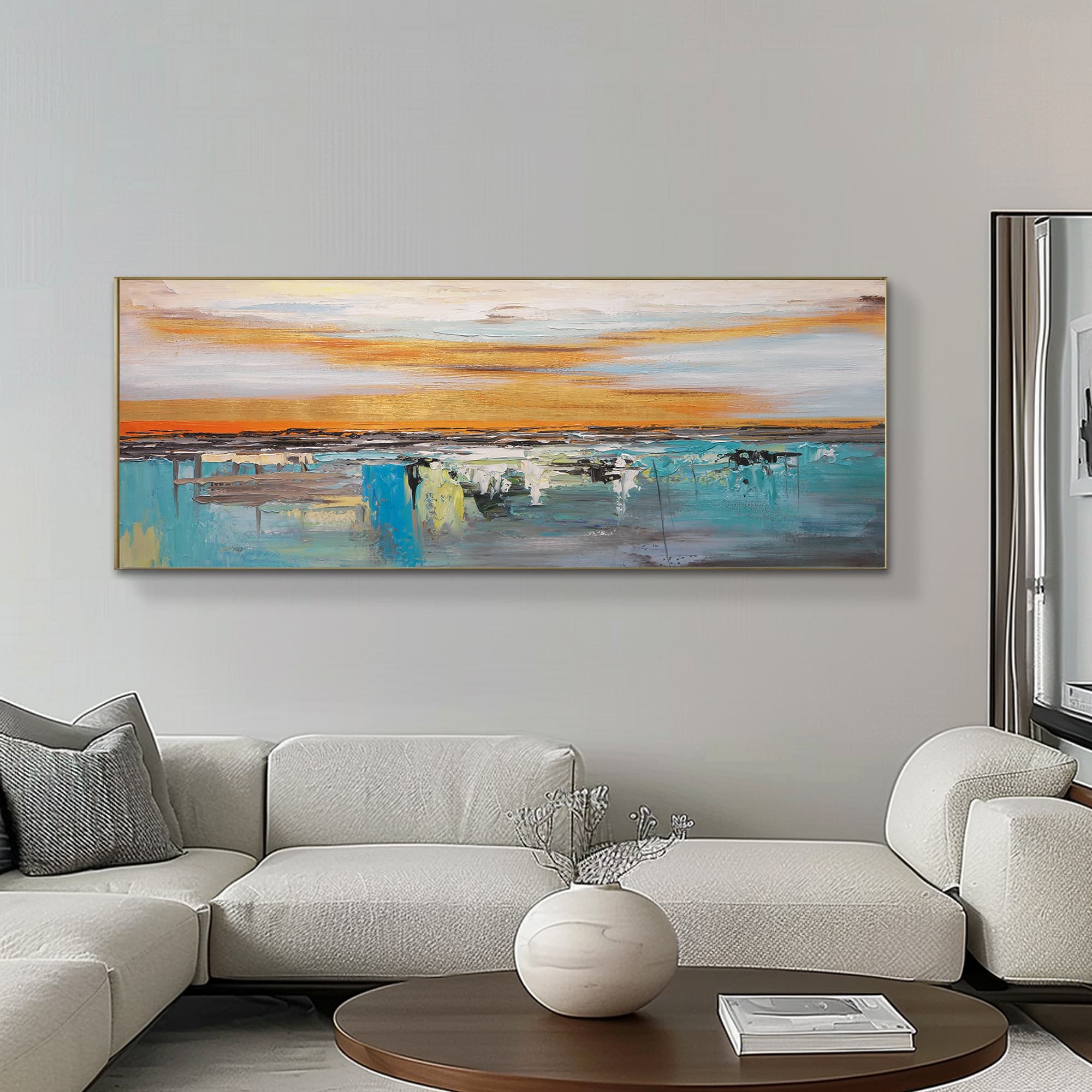 Modern abstract landscape wall decor in warm and cool hues, painted on oversized horizontal museum-grade canvas