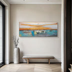 Luxury wall art with hand-painted sunset horizon in orange and teal tones on wide horizontal acrylic canvas