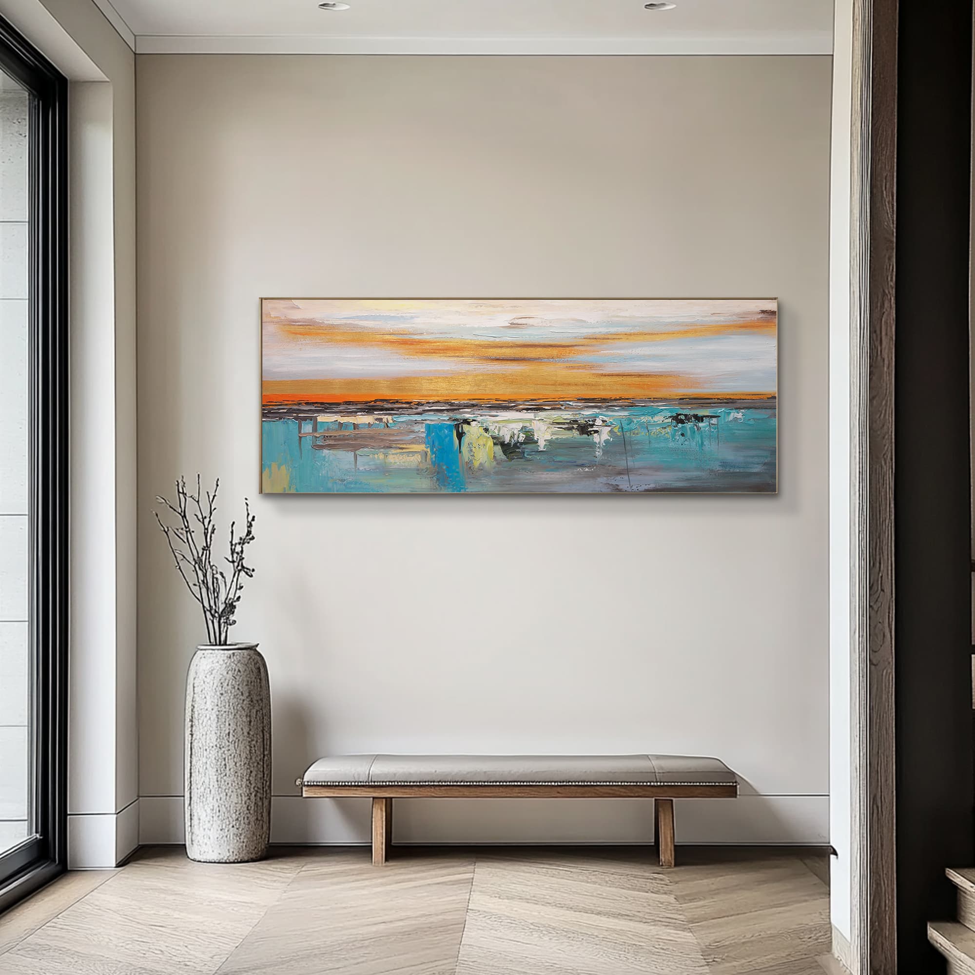 Luxury wall art with hand-painted sunset horizon in orange and teal tones on wide horizontal acrylic canvas