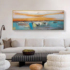 Horizontal hand-painted canvas art in sunset tones framed for contemporary living room decor