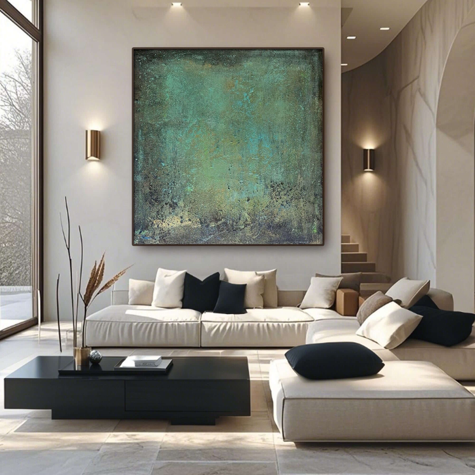 Minimalist hand-painted art on square canvas hung above modern bench and side table