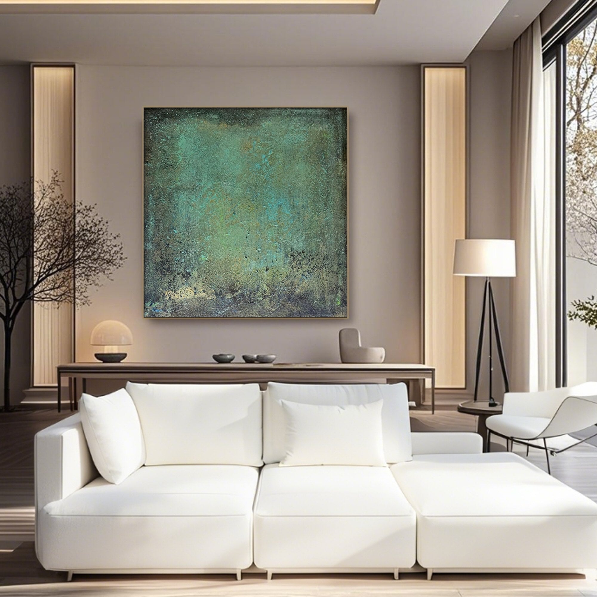 Green abstract canvas painting framed in contemporary luxury interior