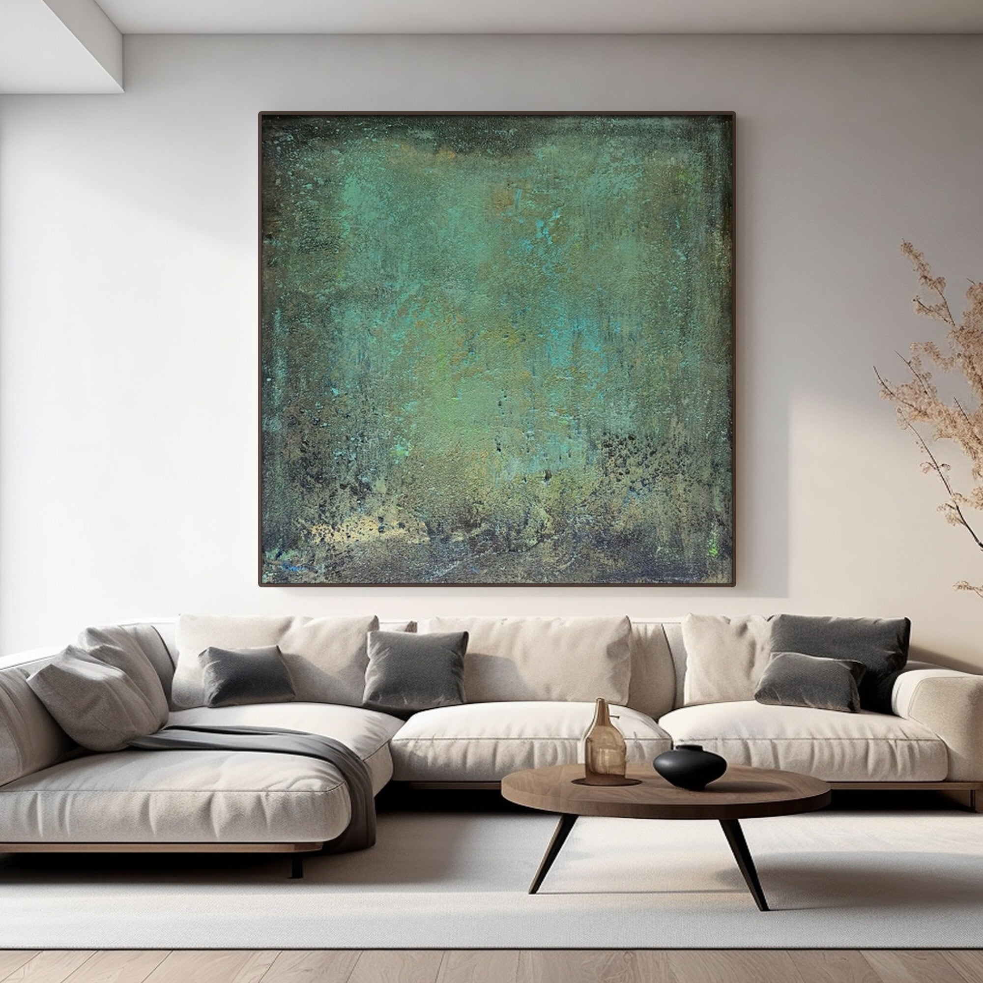 Square hand-painted acrylic canvas in Mid-century minimalist style