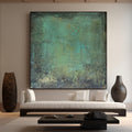 Textured green painting adding calm and depth to Mid-century Modern living space
