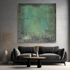 Square abstract artwork in earthy tones styled in a serene open-plan room