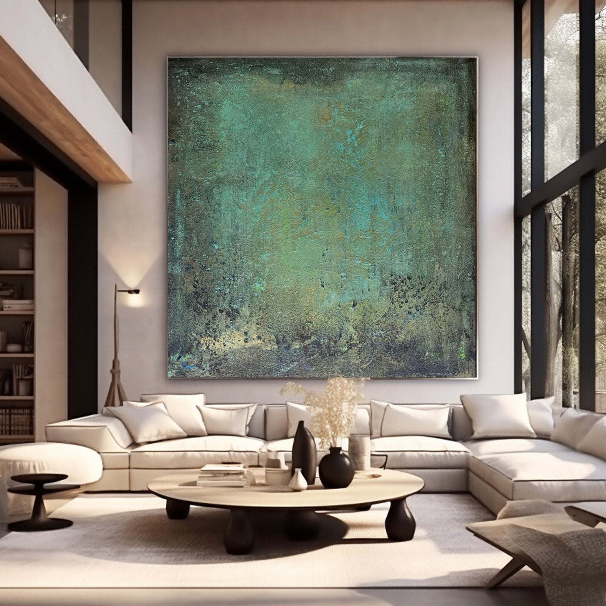 Hand-painted Wabi-Sabi canvas art with green textures in a cozy neutral interior