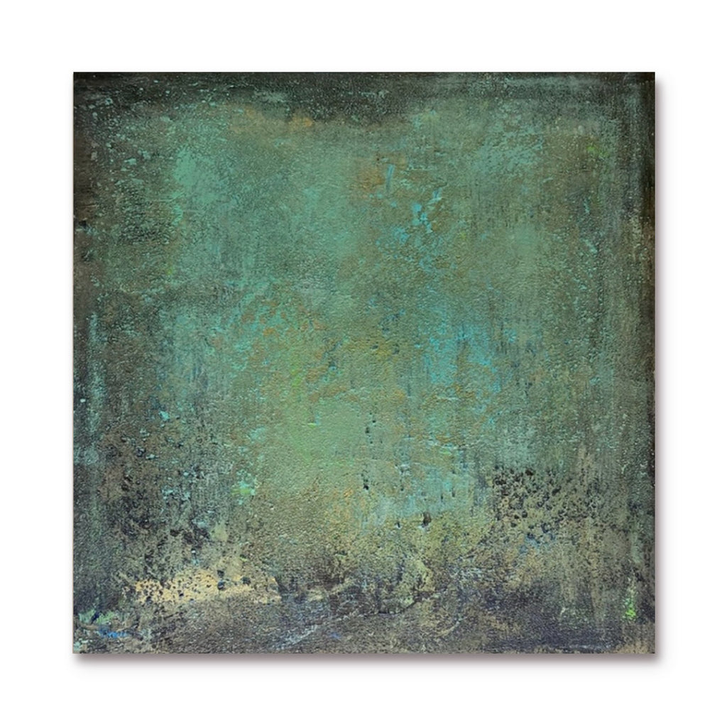 Mid-century Modern abstract painting with green textured surface in square shape