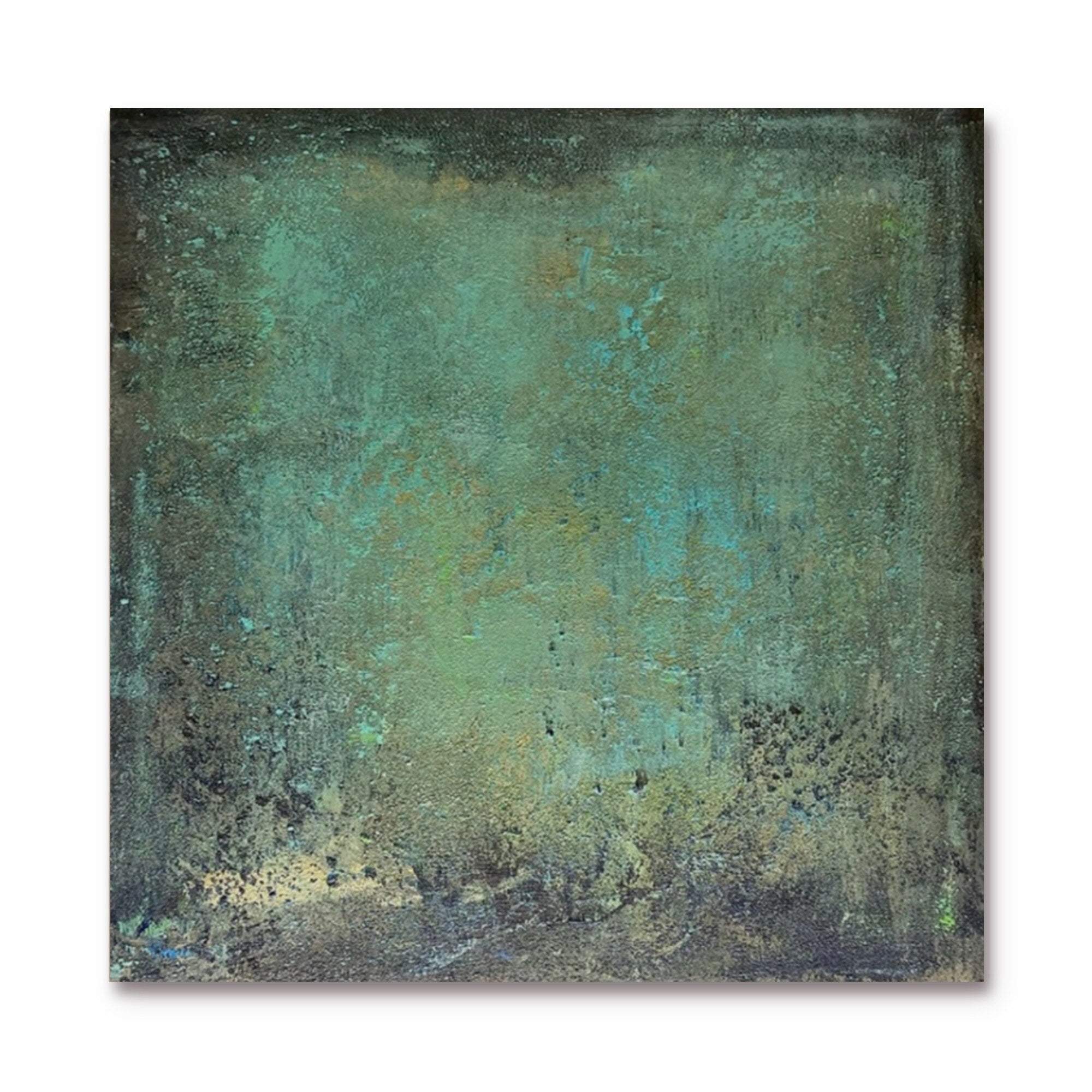 Mid-century Modern abstract painting with green textured surface in square shape
