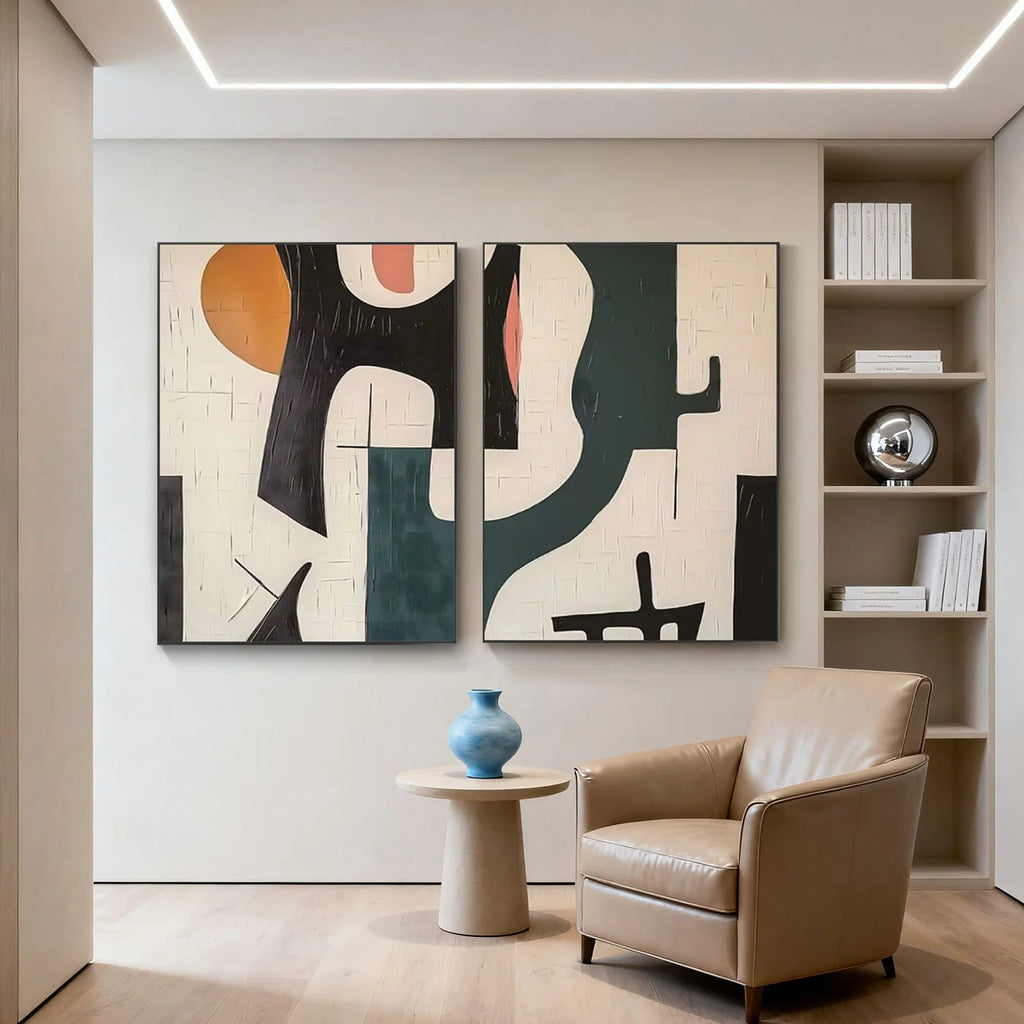 Mid-century geometric abstract canvas art with black, beige, teal, orange; modern living room setting at Lumi Gallery