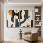 Mid-century geometric abstract canvas art with black, beige, teal, orange; modern living room setting at Lumi Gallery