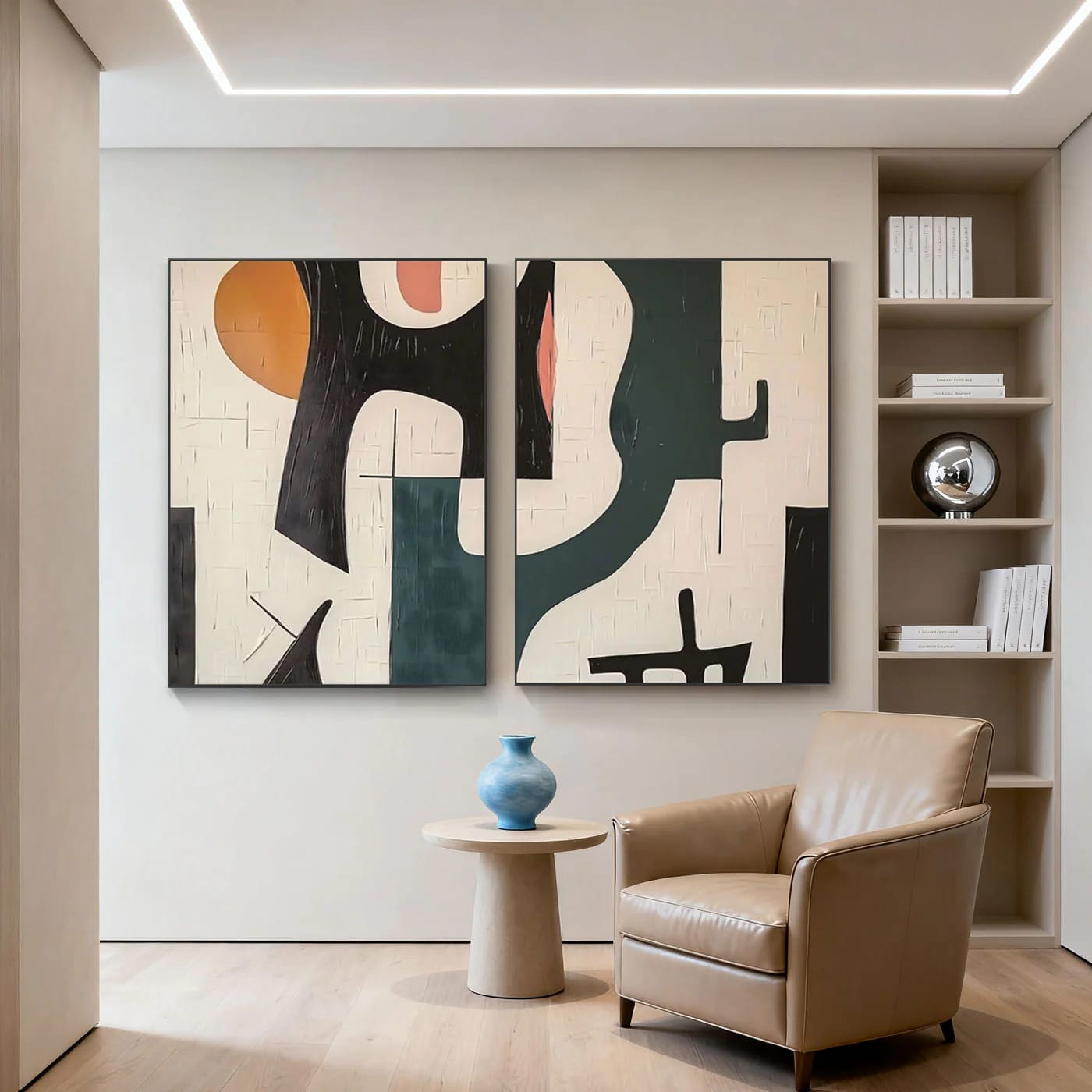 Mid-century geometric abstract canvas art with black, beige, teal, orange; modern living room setting at Lumi Gallery