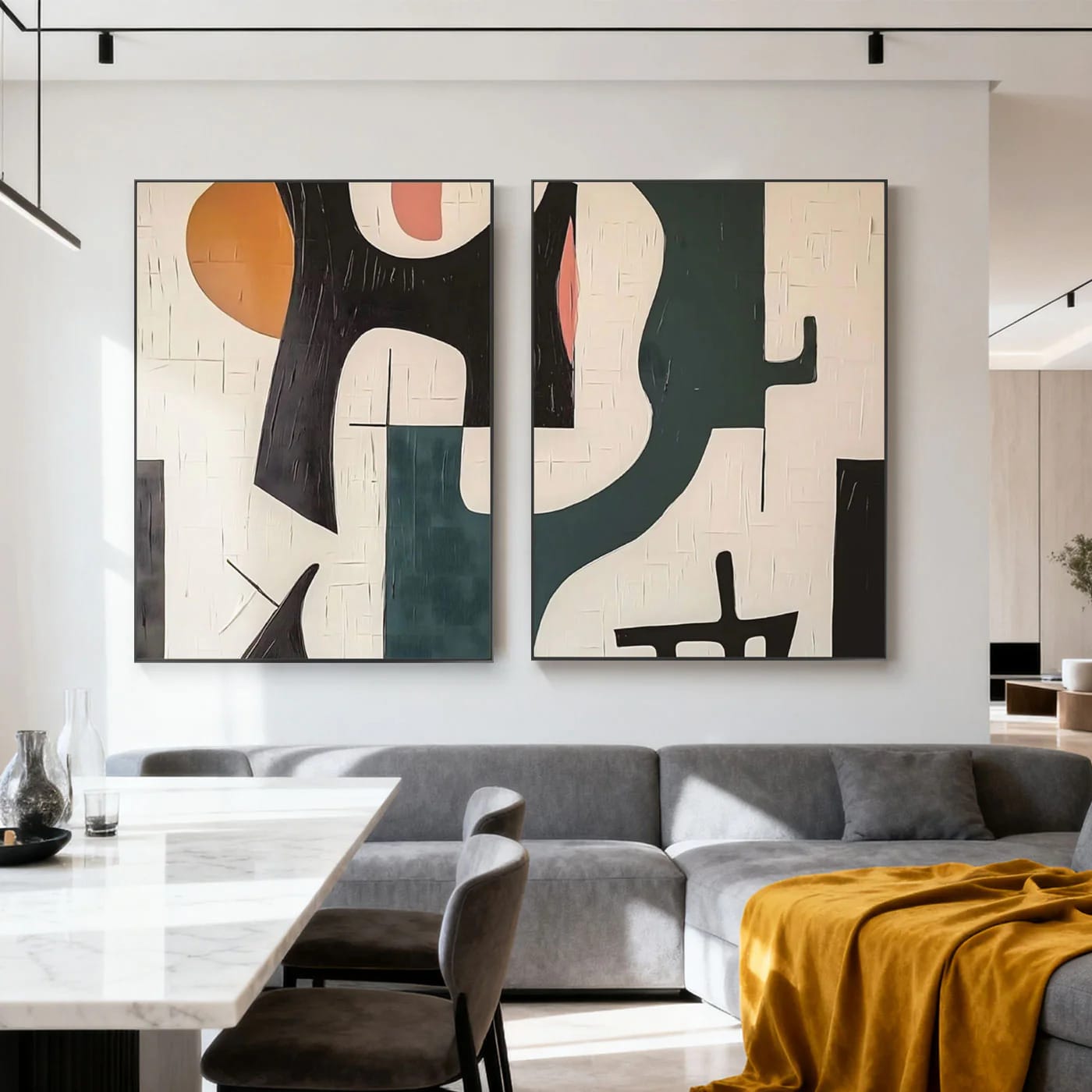 Geometric Abstract Mid Century Art in Beige Black Green Orange