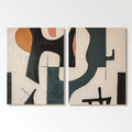 Mid-Century Geometric Abstract Painting - Chromatic Puzzle: Two-panel hand-painted canvas art with textured details, featuring geometric shapes in orange, black, teal, beige, and soft pink.