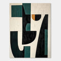 Mid-Century Modern geometric painting 'Nocturne in Green' with teal/black/white shapes on textured canvas - Lumi Gallery