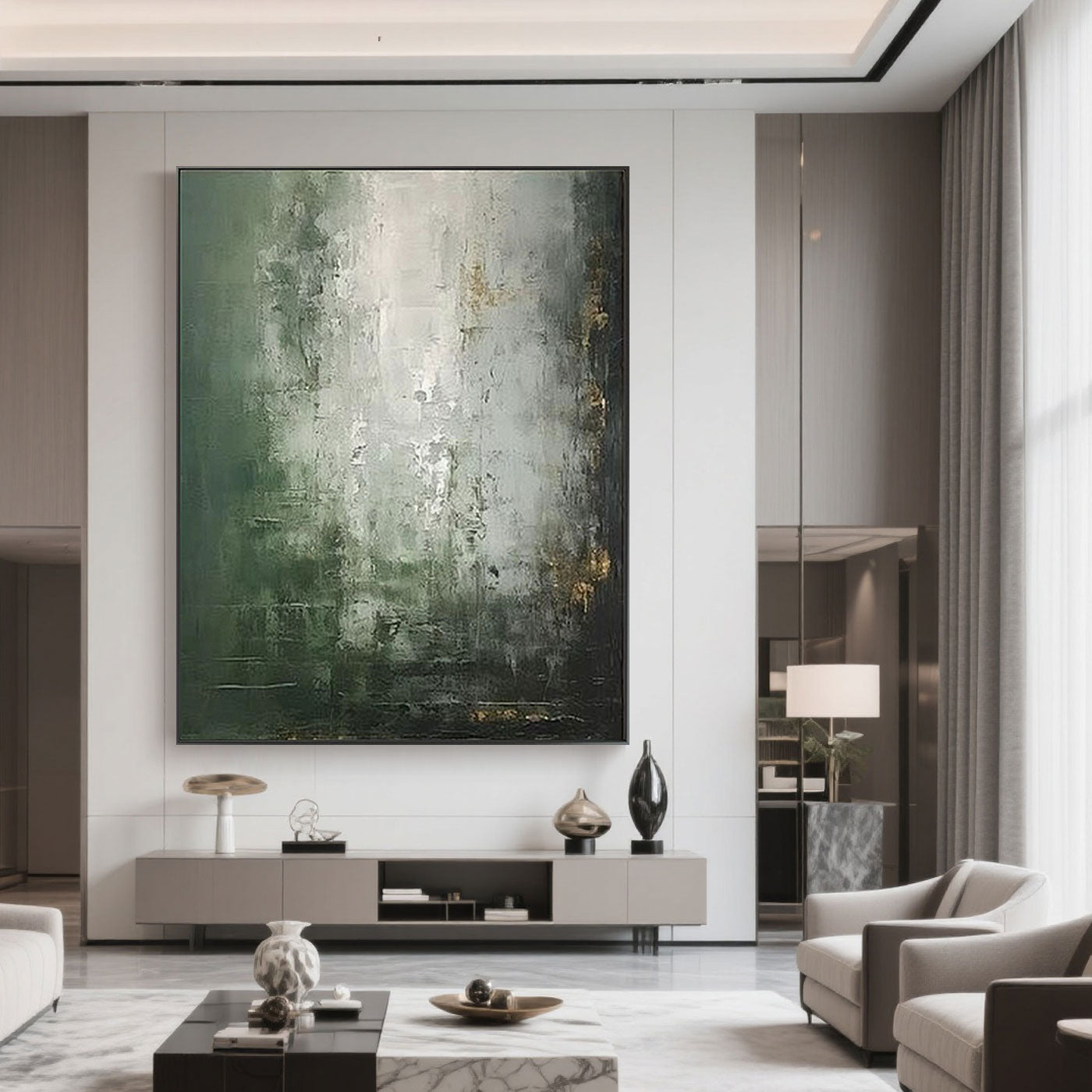 Mid-Century Wabi-Sabi Green White Wall Art - Verdant