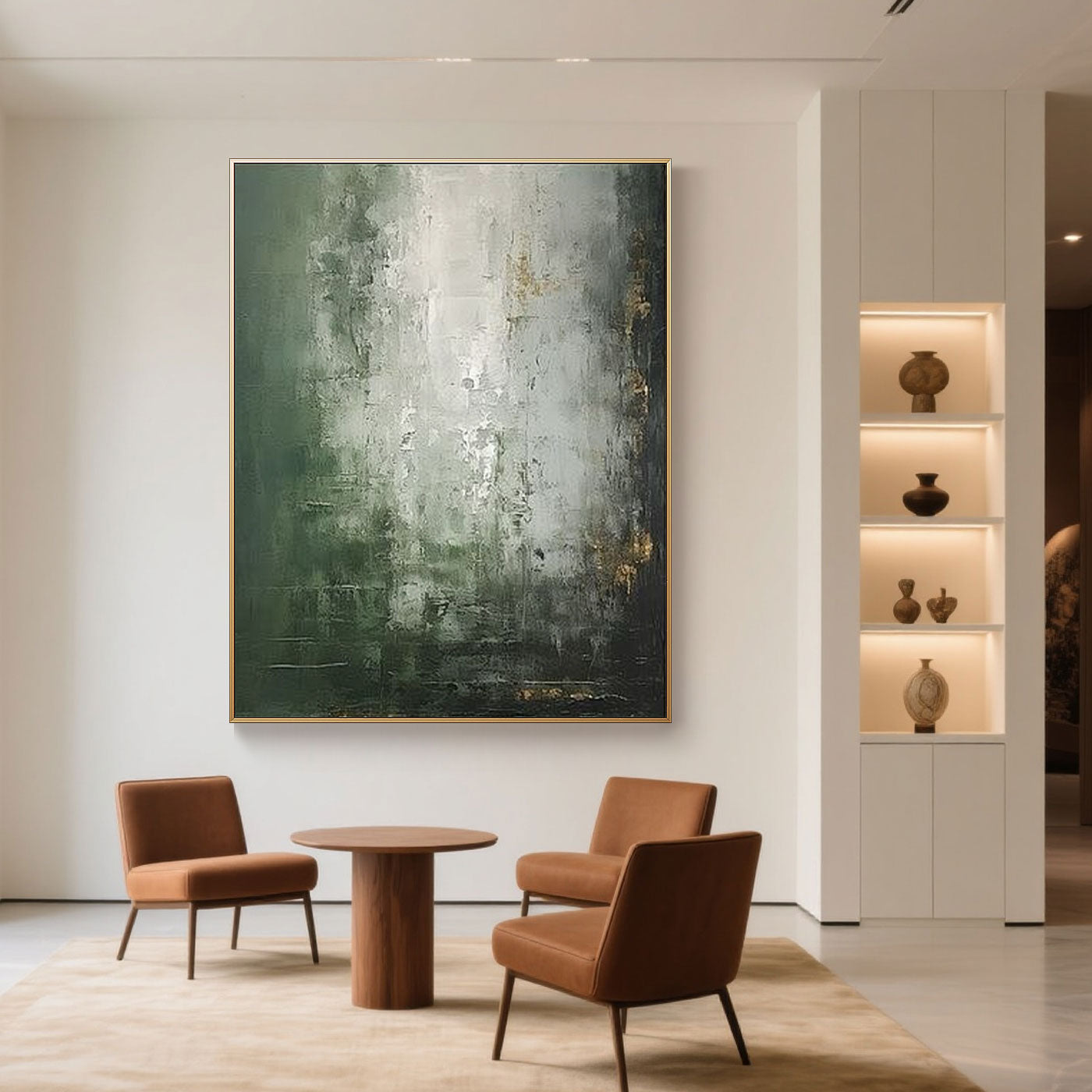 Mid-Century Wabi-Sabi Green White Wall Art - Verdant
