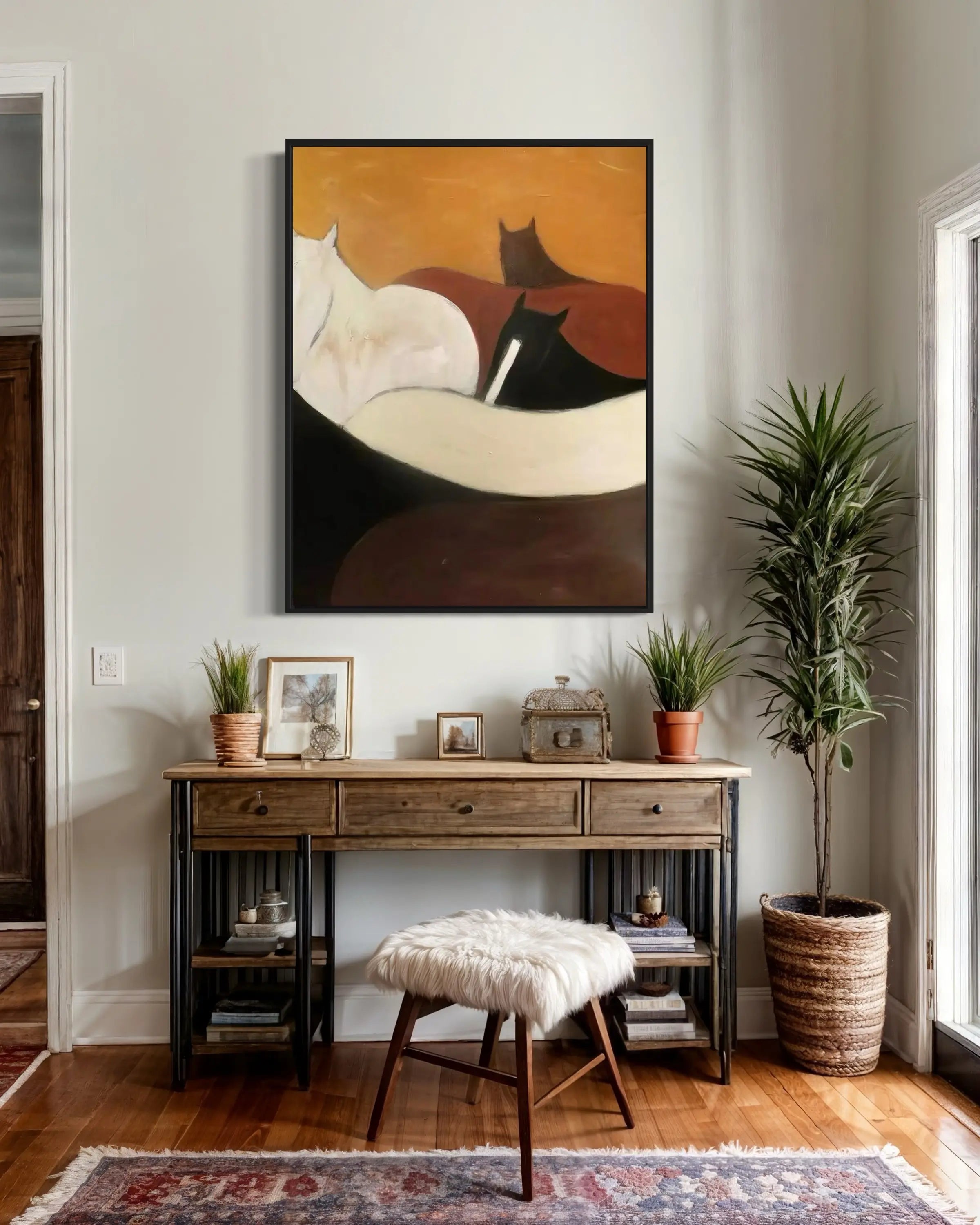 Mid-century modern abstract horse wall art in beige, brown, and black tones, minimalist home decor.