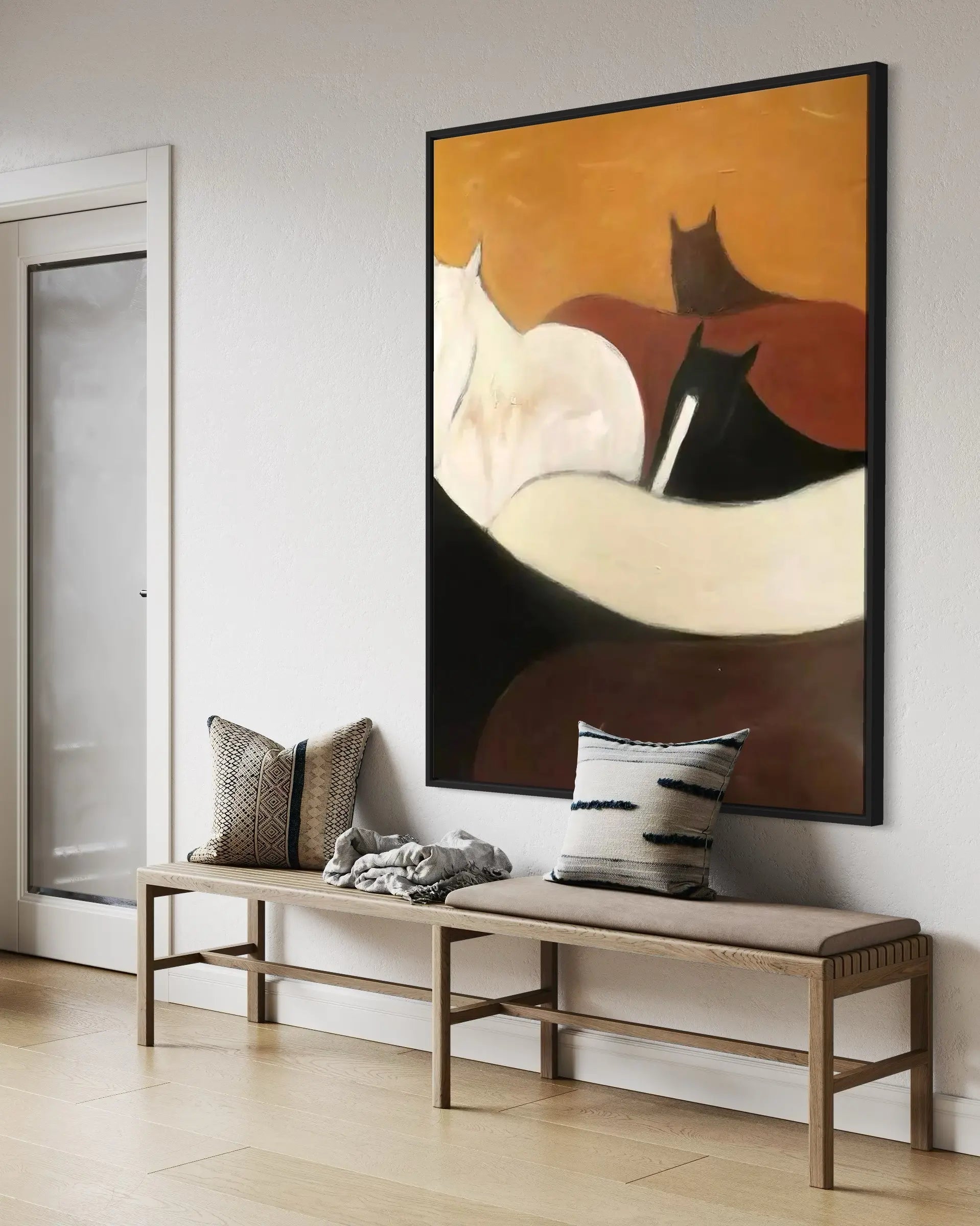 Mid-century modern abstract horse wall art in beige, brown, and black tones, minimalist home decor.