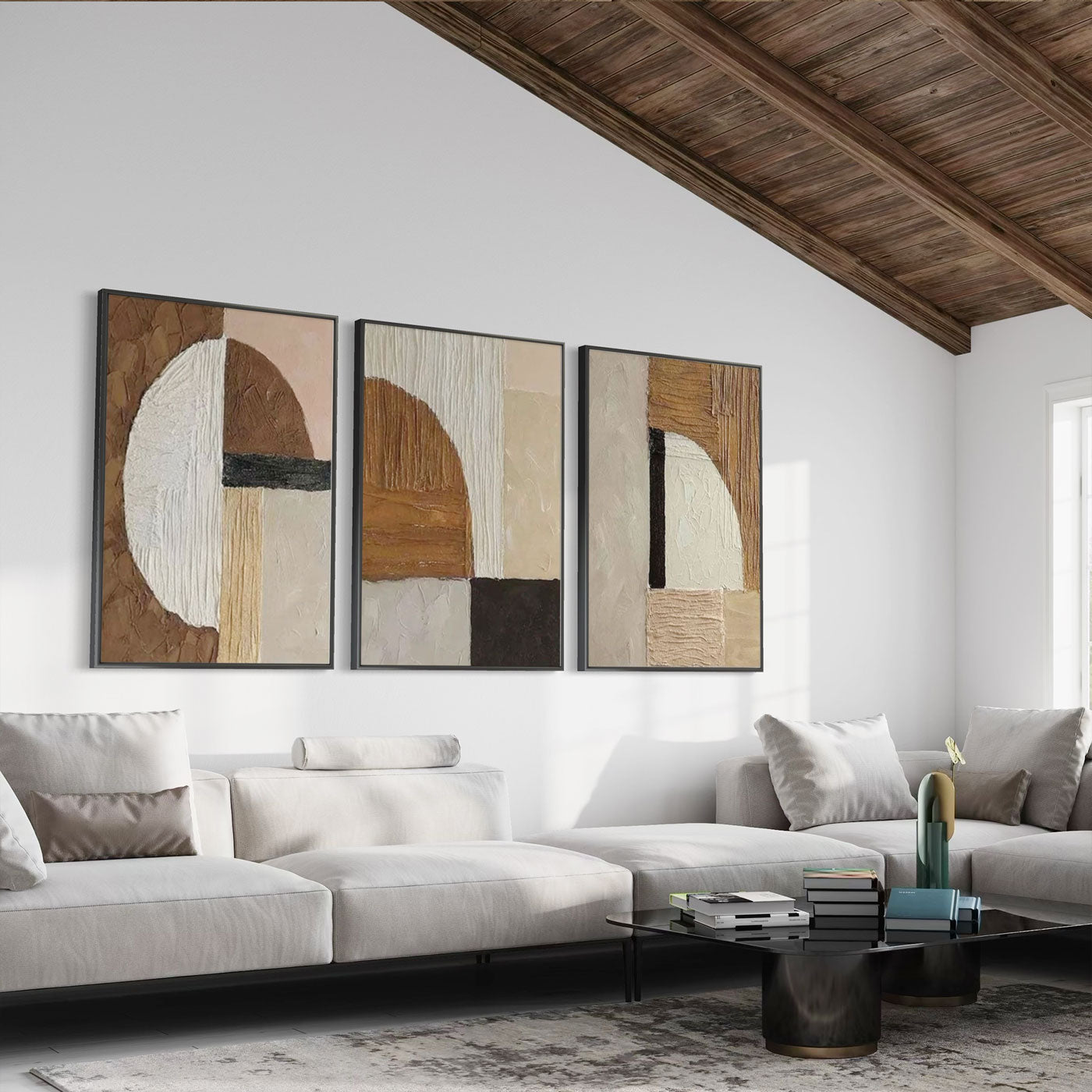 Modern living room with Fragment mid-century geometric wall art in neutral tones.