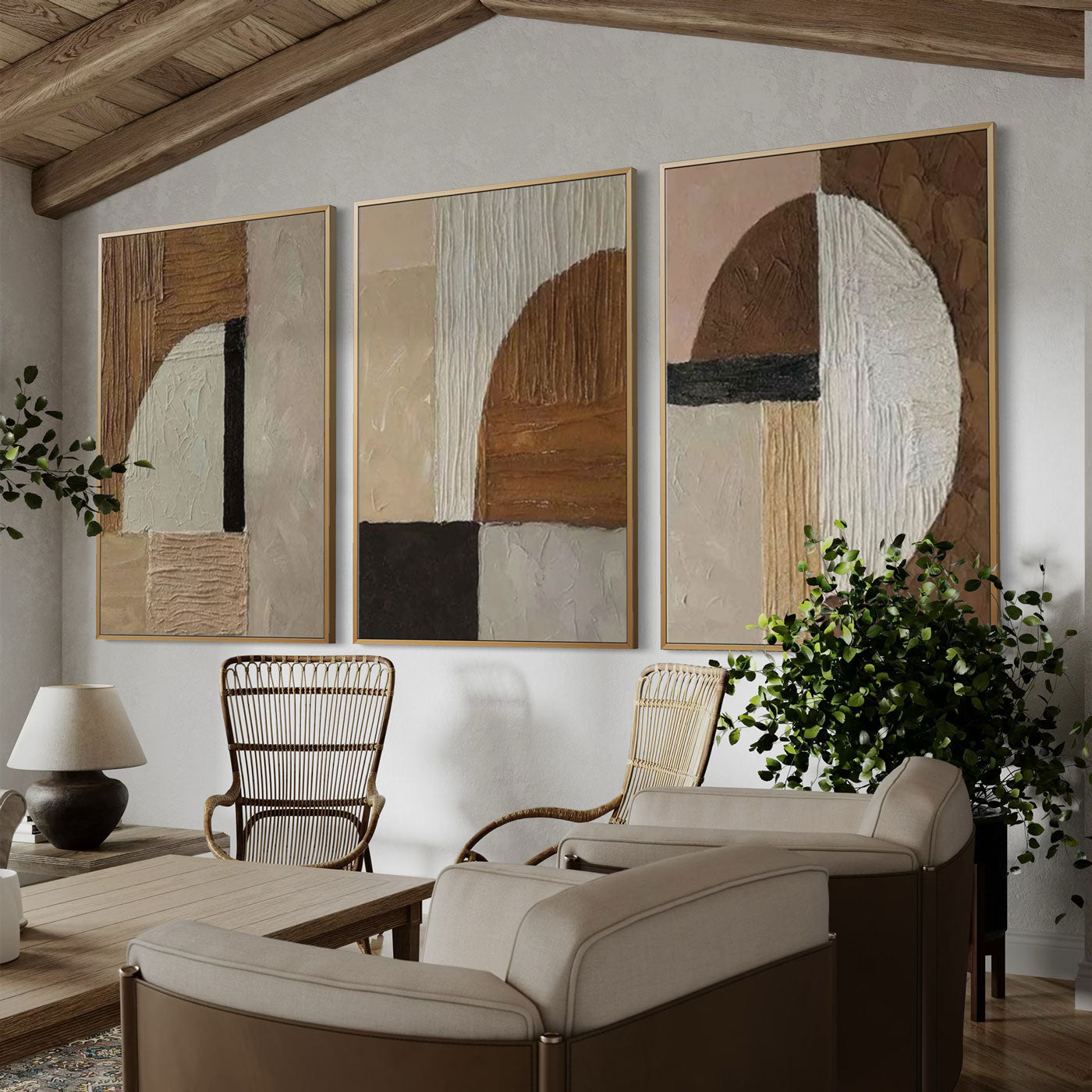 Fragment art displayed in a modern, minimalist living room setting.