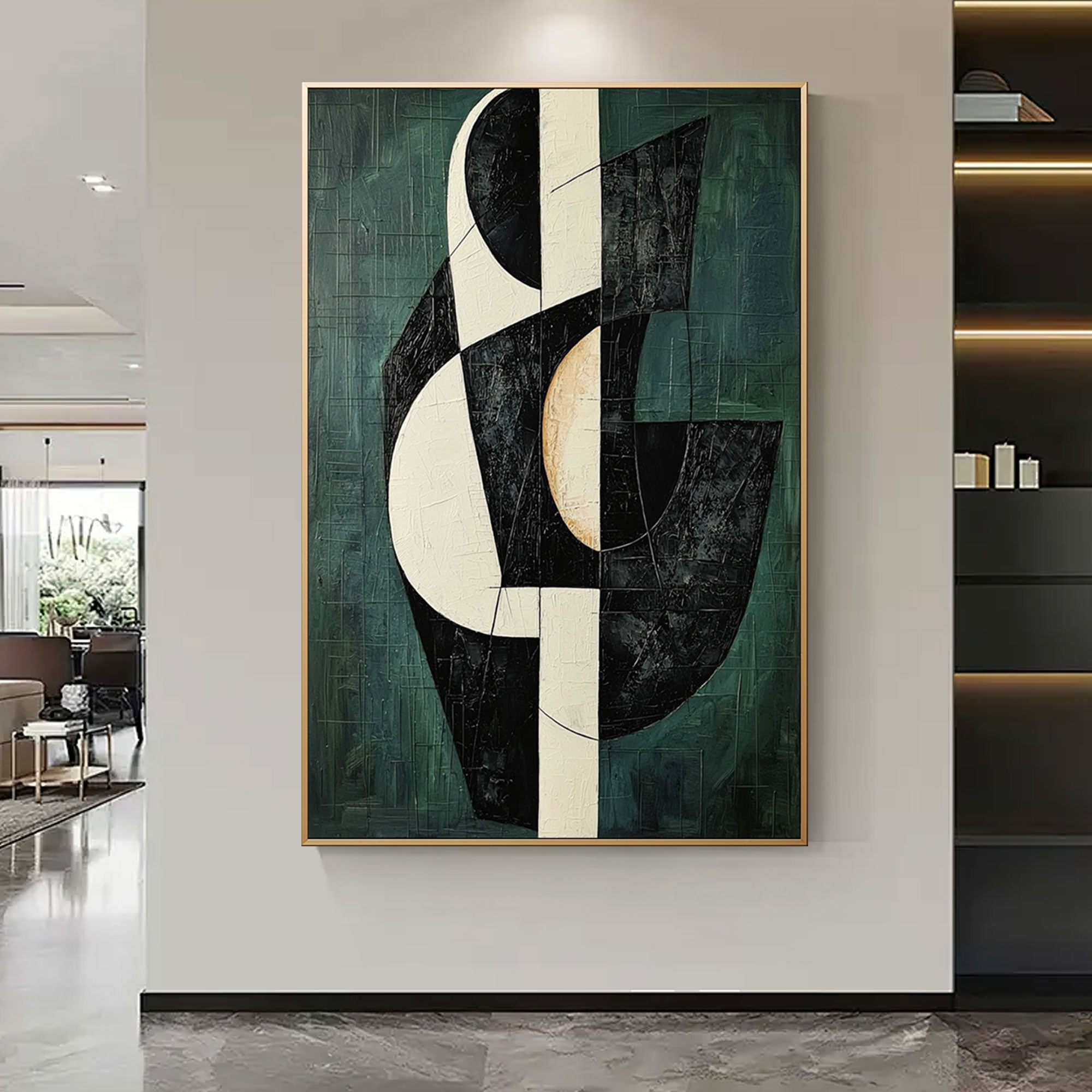 Glyph geometric wall art in a modern living space with black shelving.