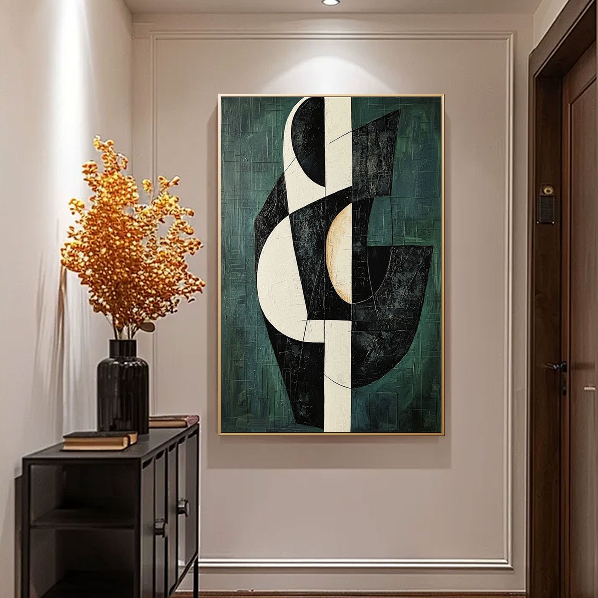 Framed Glyph geometric wall art hanging in a hallway with modern furniture.