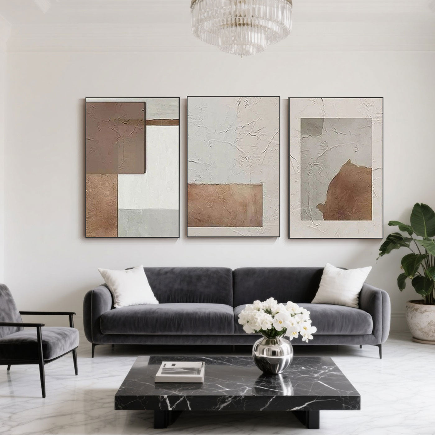 Mid-century geometric art set in living room with grey sofa