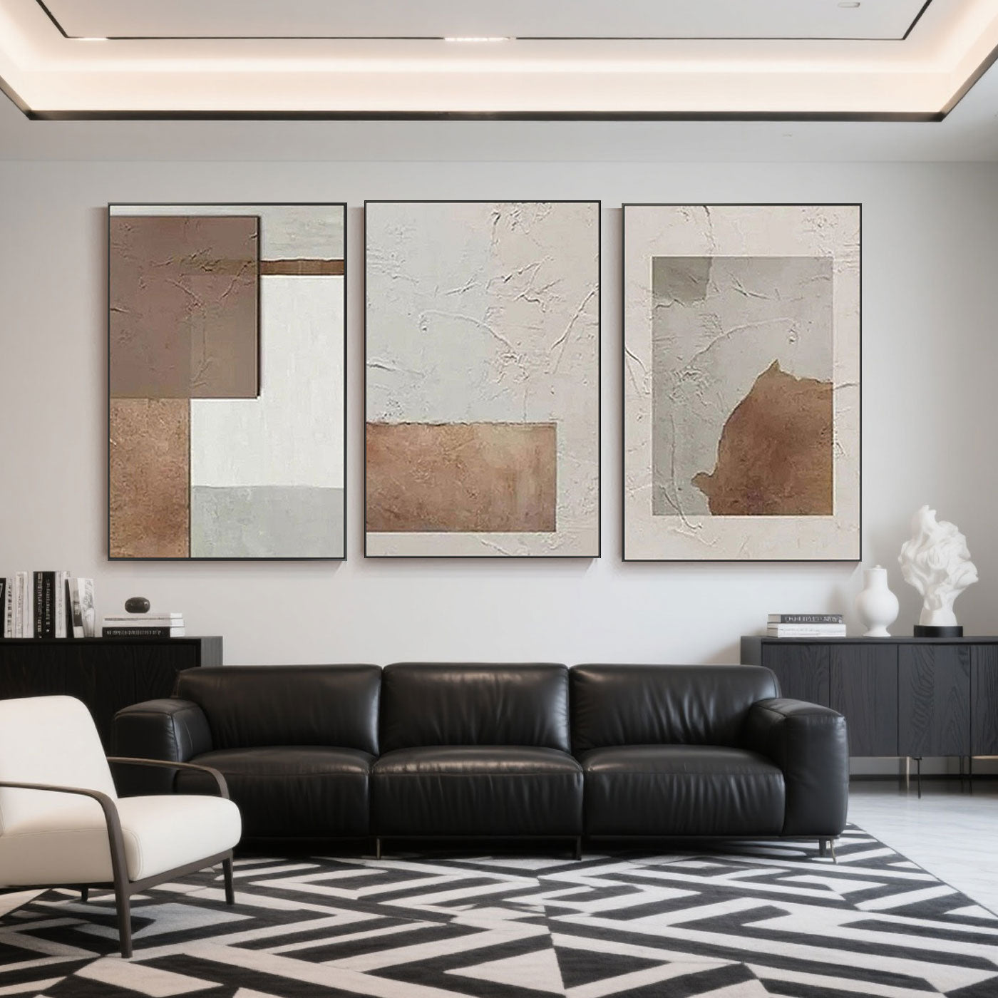 Modern living room with 'Earth Layers' minimalist geometric wall art