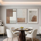 Mid-century 'Earth Layers' art set above dining table with white chairs