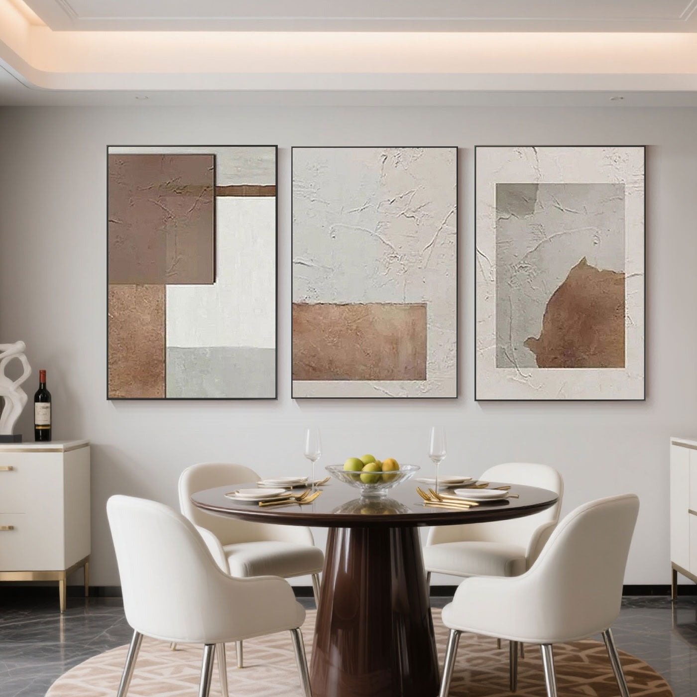 Mid-century 'Earth Layers' art set above dining table with white chairs