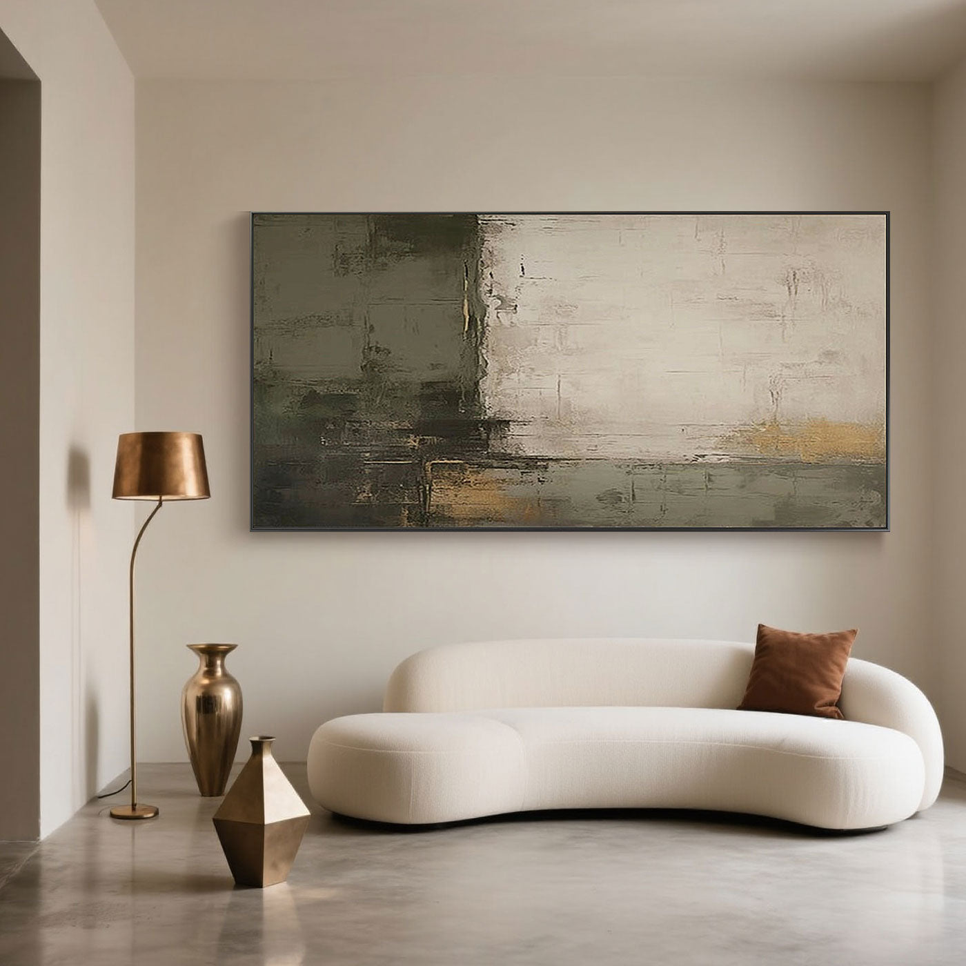 Mid-Century Modern Wabi-Sabi Green Brown Wall Art Horizontal for