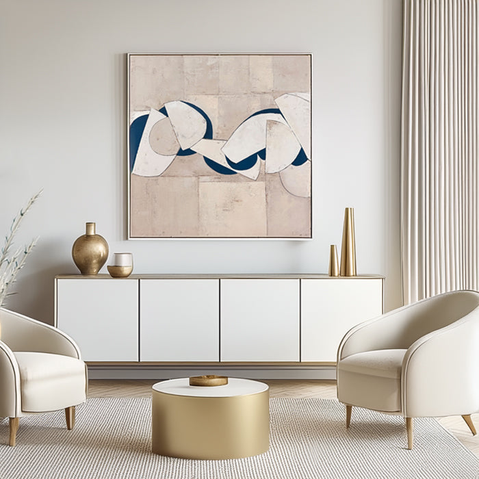 Beige abstract art with geometric shapes in modern interior design.