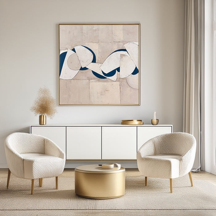 Beige abstract geometric art in a living room setting with gold frame.