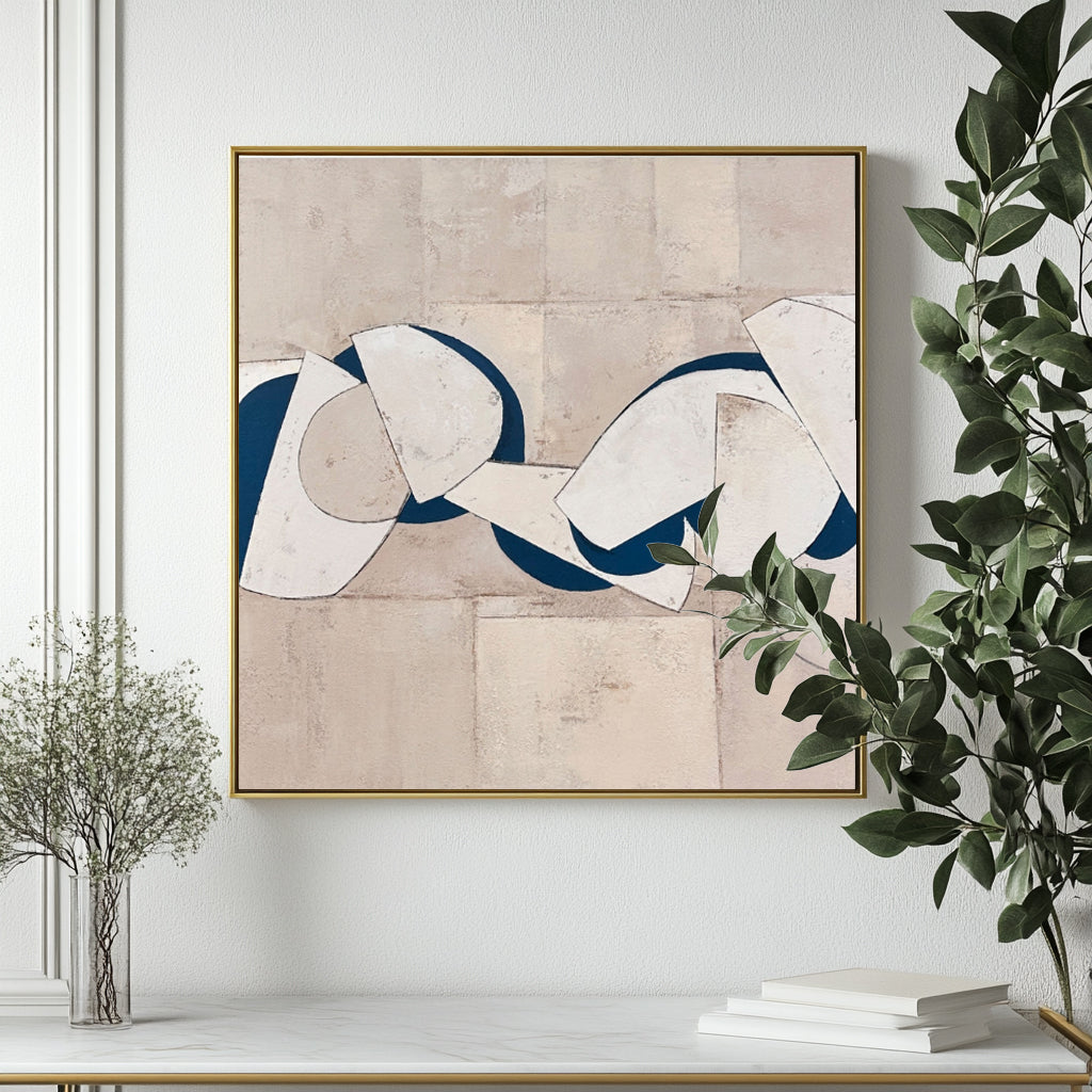 Framed beige geometric art with blue, minimalist wall decor.