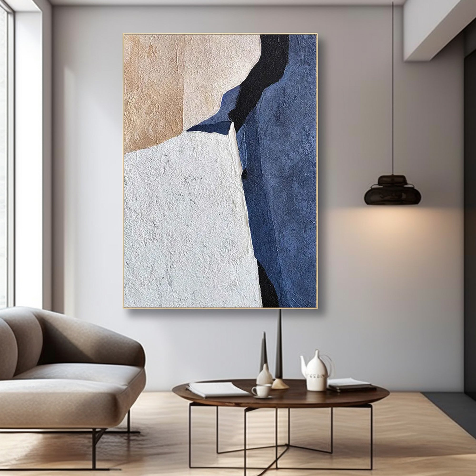 Abstract art #AB018 with beige, white, and blue color blocks.