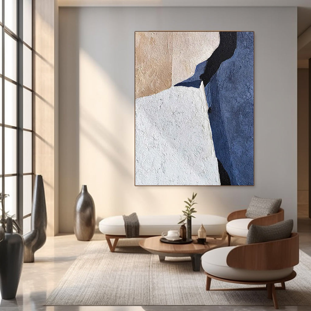 Abstract art #AB018 with beige, white, and blue color blocks.