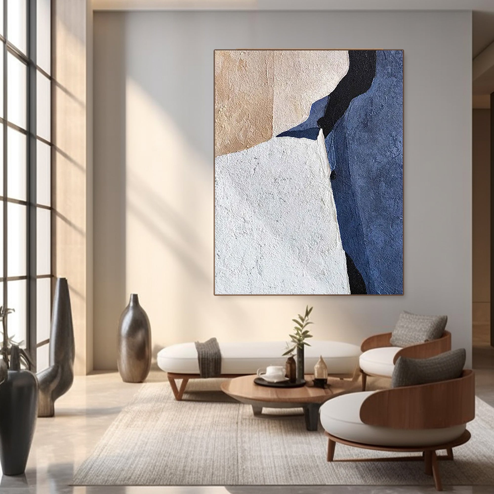 Abstract art #AB018 with beige, white, and blue color blocks.